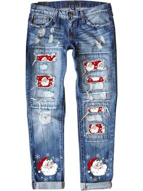 Stylish Ripped Boyfriend Jeans for Women | Distressed Denim with Plaid Patch